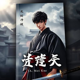 A captivating book cover featuring a young Japanese male character, depicted in traditional samurai attire, standing confidently in a dramatic pose