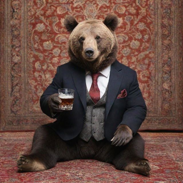 An elegant bear, dressed in a sophisticated suit, sipping whiskey in a traditional Iranian setting, with an intricately-designed Persian carpet hanging gracefully behind it.