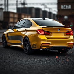 A BMW M3 in deep yellow color featuring an ultra sharp, streamlined design that exudes aerodynamic luxury