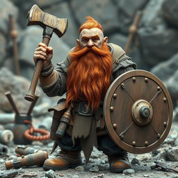 A middle-aged dwarf explosives expert with weathered skin from hard labor, featuring a long red beard