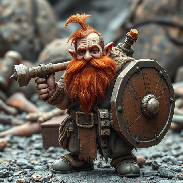 A middle-aged dwarf explosives expert with weathered skin from hard labor, featuring a long red beard