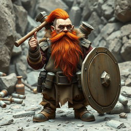 A middle-aged dwarf explosives expert with weathered skin from hard labor, featuring a long red beard