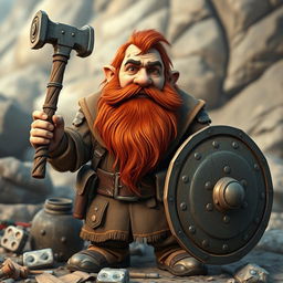 A middle-aged dwarf explosives expert with weathered skin from hard labor, featuring a long red beard