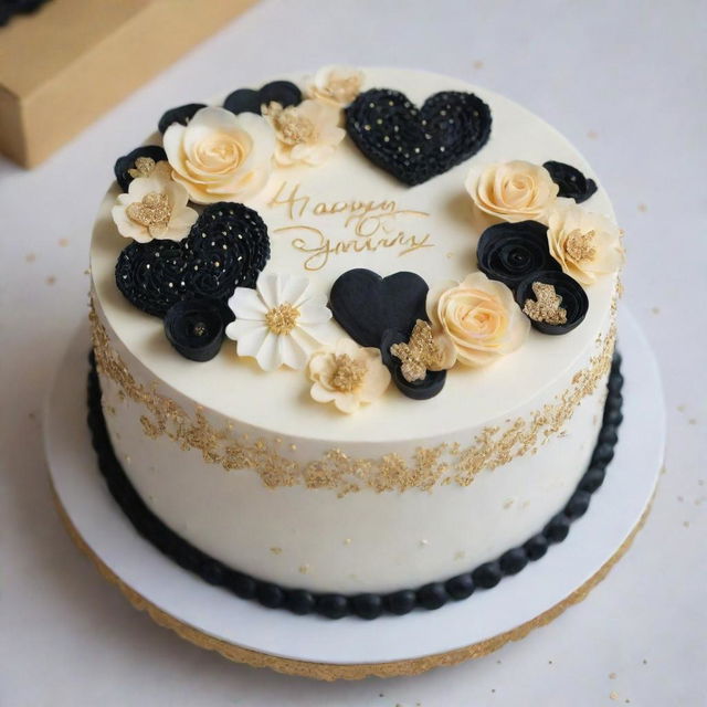 Bento cake styled with an elegant palette of blacks, whites, and golds. Decorations include two hearts piped side by side in the center, sprinkled with glitter. Surrounding the hearts are delicate buttercream flowers. 'Happy Anniversary & Happy Birthday Hon' encircles the edge in cursive. Small golden piped dots or stars add the final glamourous touch.