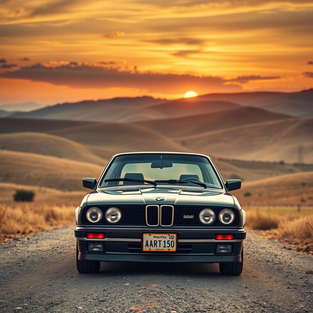 A cinematic portrait photograph of a 90s BMW 320i styled for a 1950s car magazine, showcasing anachronistic beauty