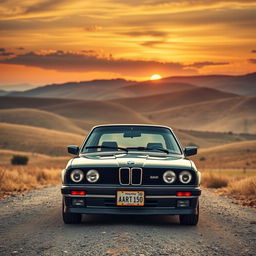 A cinematic portrait photograph of a 90s BMW 320i styled for a 1950s car magazine, showcasing anachronistic beauty