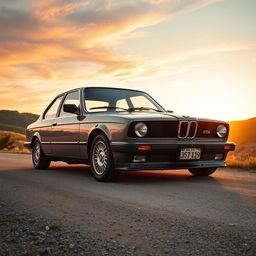 A cinematic portrait photograph of a 90s BMW 320i styled for a 1950s car magazine, showcasing anachronistic beauty