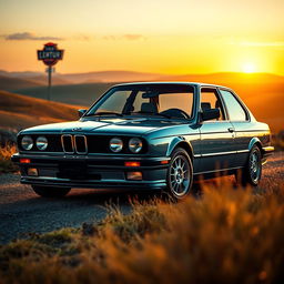 A cinematic portrait photograph of a 90s BMW 320i styled for a 1950s car magazine, showcasing anachronistic beauty