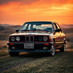 A cinematic portrait photograph of a 90s BMW 320i styled for a 1950s car magazine, showcasing anachronistic beauty