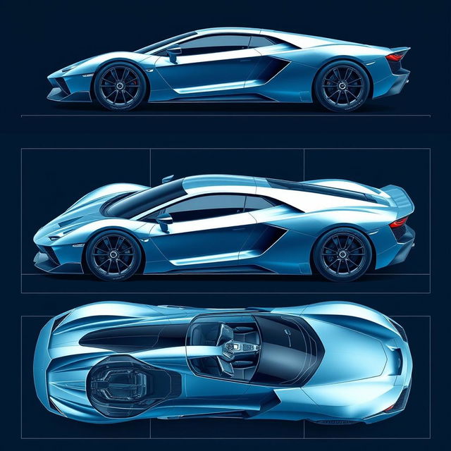 A stunning blueprint series of a supercar, displayed from six different angles: a front view showcasing the elegant front fascia and headlights, a rear view highlighting the aerodynamic rear design and taillights, a side profile emphasizing the sleek lines and curves, a top down view revealing the unique roof shape, an interior view capturing the luxurious cockpit featuring high-tech dashboard and racing seats, and a low angle shot from the front capturing the powerful stance of the vehicle