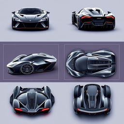 A stunning blueprint series of a supercar, displayed from six different angles: a front view showcasing the elegant front fascia and headlights, a rear view highlighting the aerodynamic rear design and taillights, a side profile emphasizing the sleek lines and curves, a top down view revealing the unique roof shape, an interior view capturing the luxurious cockpit featuring high-tech dashboard and racing seats, and a low angle shot from the front capturing the powerful stance of the vehicle