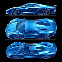 A stunning blueprint series of a supercar, displayed from six different angles: a front view showcasing the elegant front fascia and headlights, a rear view highlighting the aerodynamic rear design and taillights, a side profile emphasizing the sleek lines and curves, a top down view revealing the unique roof shape, an interior view capturing the luxurious cockpit featuring high-tech dashboard and racing seats, and a low angle shot from the front capturing the powerful stance of the vehicle