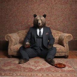 An elegant bear, dressed in a sophisticated suit, sipping whiskey in a traditional Iranian setting, with an intricately-designed Persian carpet hanging gracefully behind it.