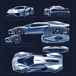 A stunning blueprint series of a supercar, displayed from six different angles: a front view showcasing the elegant front fascia and headlights, a rear view highlighting the aerodynamic rear design and taillights, a side profile emphasizing the sleek lines and curves, a top down view revealing the unique roof shape, an interior view capturing the luxurious cockpit featuring high-tech dashboard and racing seats, and a low angle shot from the front capturing the powerful stance of the vehicle