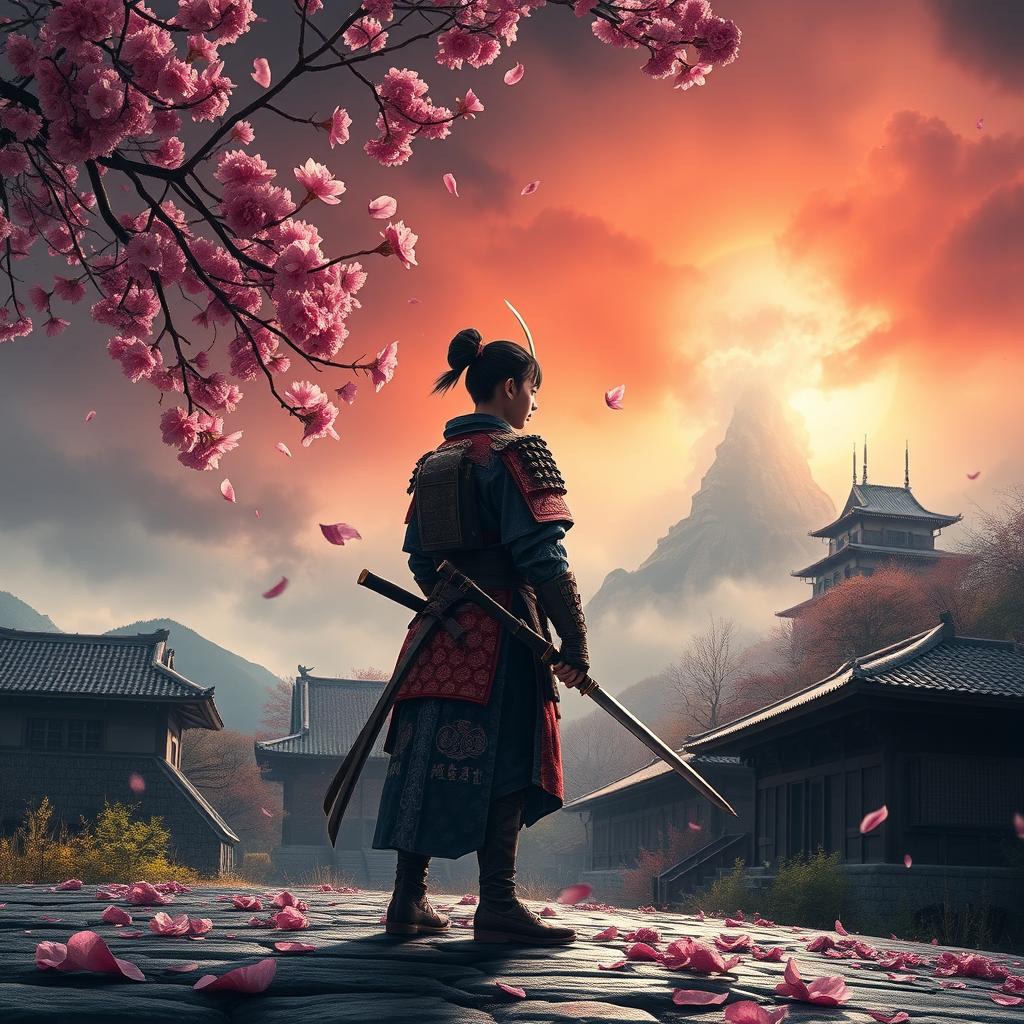 A captivating book cover depicting a Japanese protagonist standing defiantly against a backdrop of traditional Japanese scenery