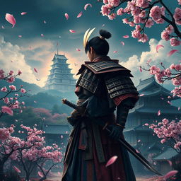 A captivating book cover depicting a Japanese protagonist standing defiantly against a backdrop of traditional Japanese scenery