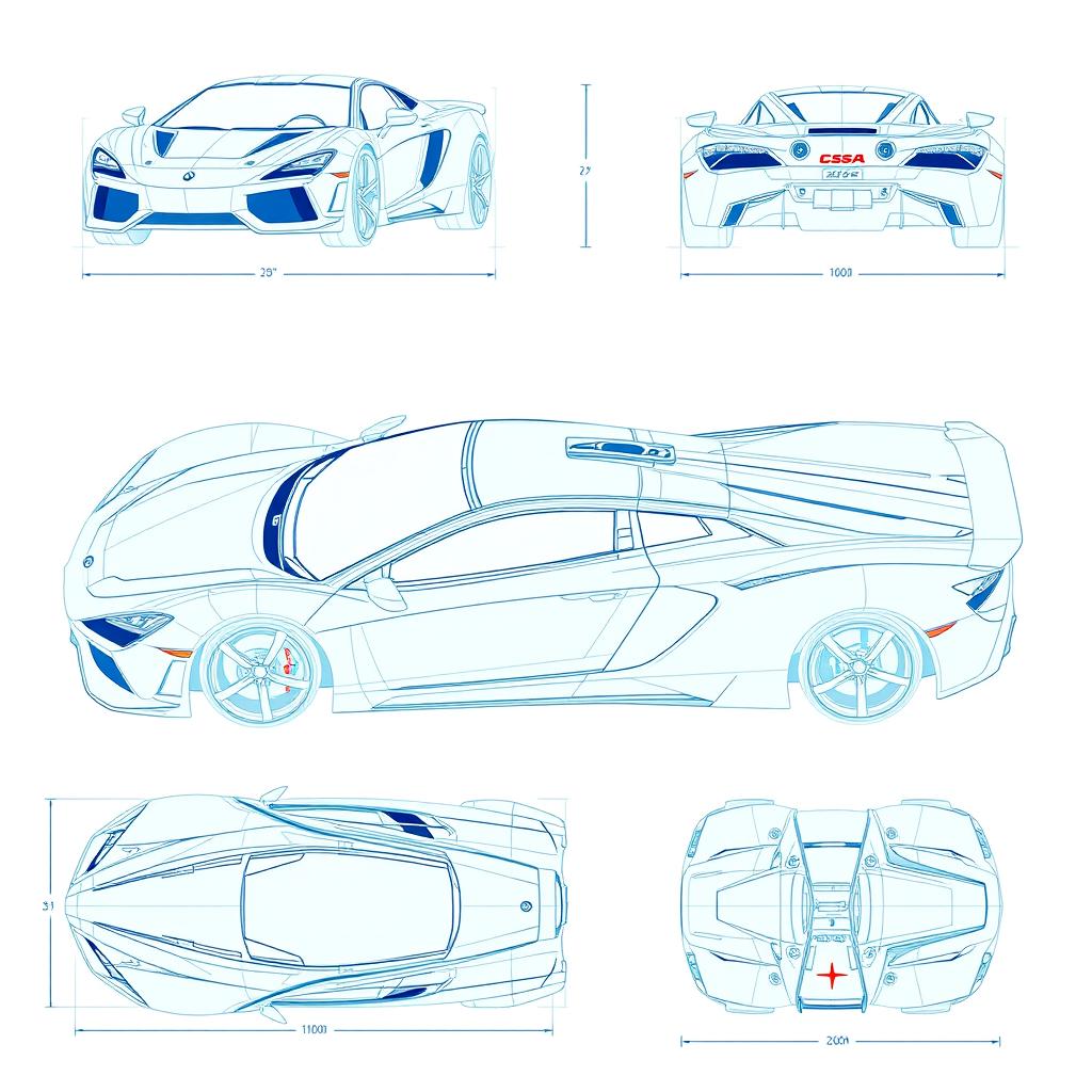 A detailed blueprint design of a modern supercar, showcasing six different angles: a front view highlighting the sleek front fascia and headlights, a side profile emphasizing the aerodynamics and curves, a rear view showcasing the exhaust and taillight design, a top-down view revealing the roof and hood lines, a low angle view capturing the stance and ground clearance, and a high angle view that includes the full scope of the vehicle's design