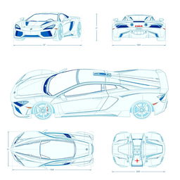 A detailed blueprint design of a modern supercar, showcasing six different angles: a front view highlighting the sleek front fascia and headlights, a side profile emphasizing the aerodynamics and curves, a rear view showcasing the exhaust and taillight design, a top-down view revealing the roof and hood lines, a low angle view capturing the stance and ground clearance, and a high angle view that includes the full scope of the vehicle's design