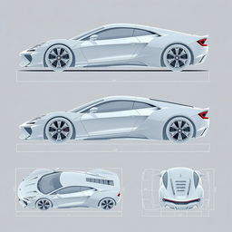 A detailed blueprint design of a modern supercar, showcasing six different angles: a front view highlighting the sleek front fascia and headlights, a side profile emphasizing the aerodynamics and curves, a rear view showcasing the exhaust and taillight design, a top-down view revealing the roof and hood lines, a low angle view capturing the stance and ground clearance, and a high angle view that includes the full scope of the vehicle's design