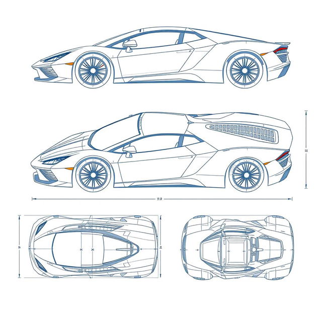 A detailed blueprint design of a modern supercar, showcasing six different angles: a front view highlighting the sleek front fascia and headlights, a side profile emphasizing the aerodynamics and curves, a rear view showcasing the exhaust and taillight design, a top-down view revealing the roof and hood lines, a low angle view capturing the stance and ground clearance, and a high angle view that includes the full scope of the vehicle's design