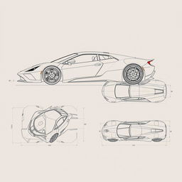 A detailed blueprint design of a modern supercar, showcasing six different angles: a front view highlighting the sleek front fascia and headlights, a side profile emphasizing the aerodynamics and curves, a rear view showcasing the exhaust and taillight design, a top-down view revealing the roof and hood lines, a low angle view capturing the stance and ground clearance, and a high angle view that includes the full scope of the vehicle's design