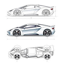 A detailed blueprint of a futuristic supercar displayed from six different angles: front view showing aerodynamic design, side view highlighting sleek curves and contours, rear view with dual exhaust and spoiler detail, top view emphasizing roof design and headlights, 3/4 view to capture the stylish front and side profile, and bottom view showcasing the chassis and undercarriage