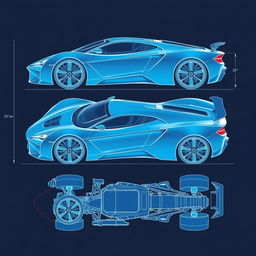 A detailed blueprint of a futuristic supercar displayed from six different angles: front view showing aerodynamic design, side view highlighting sleek curves and contours, rear view with dual exhaust and spoiler detail, top view emphasizing roof design and headlights, 3/4 view to capture the stylish front and side profile, and bottom view showcasing the chassis and undercarriage