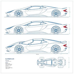 A detailed blueprint of a futuristic supercar displayed from six different angles: front view showing aerodynamic design, side view highlighting sleek curves and contours, rear view with dual exhaust and spoiler detail, top view emphasizing roof design and headlights, 3/4 view to capture the stylish front and side profile, and bottom view showcasing the chassis and undercarriage