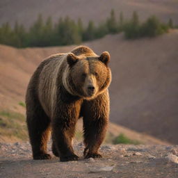 An Iranian brown bear in its natural habitat at sunset