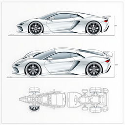 A detailed blueprint of a futuristic supercar displayed from six different angles: front view showing aerodynamic design, side view highlighting sleek curves and contours, rear view with dual exhaust and spoiler detail, top view emphasizing roof design and headlights, 3/4 view to capture the stylish front and side profile, and bottom view showcasing the chassis and undercarriage