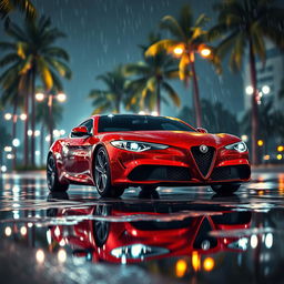 An ultra photorealistic CGI image of a red Alfa Romeo captured during a nighttime photoshoot in Los Angeles