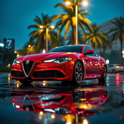 An ultra photorealistic CGI image of a red Alfa Romeo captured during a nighttime photoshoot in Los Angeles