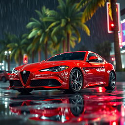 An ultra photorealistic CGI image of a red Alfa Romeo captured during a nighttime photoshoot in Los Angeles