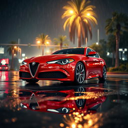 An ultra photorealistic CGI image of a red Alfa Romeo captured during a nighttime photoshoot in Los Angeles