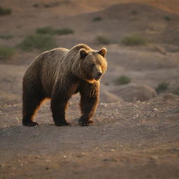 An Iranian brown bear in its natural habitat at sunset