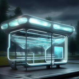 A captivating supernatural yet super beautiful futurist bus stop, rich in advanced technology and ethereal elements.