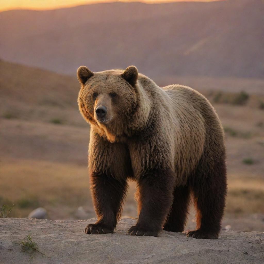 An Iranian brown bear in its natural habitat at sunset