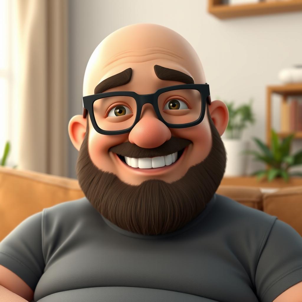 A 3D rendering of a cheerful, overweight man with a bald head and a full beard