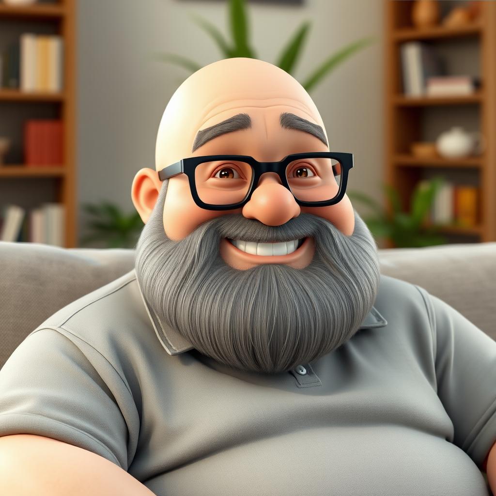 A 3D rendering of a cheerful, overweight man with a bald head and a full beard