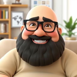 A 3D rendering of a cheerful, overweight man with a bald head and a full beard