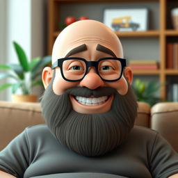 A 3D rendering of a cheerful, overweight man with a bald head and a full beard