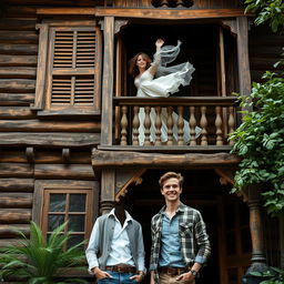 A woman waving from an old wooden building, characterized by vintage architecture with ornate details, wearing a flowing dress that catches the wind