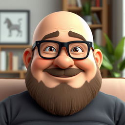 A 3D rendering of a cheerful, overweight man with a bald head and a full beard, wearing stylish black glasses