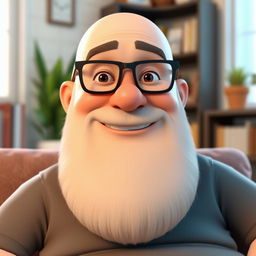 A 3D rendering of a cheerful, overweight man with a bald head and a full beard, wearing stylish black glasses