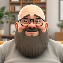 A 3D rendering of a cheerful, overweight man with a bald head and a full beard, wearing stylish black glasses