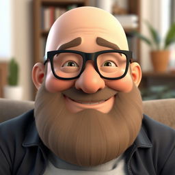 A 3D rendering of a cheerful, overweight man with a bald head and a full beard, wearing stylish black glasses