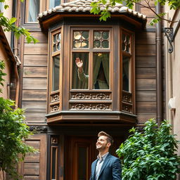 A woman waving from an old Ottoman wooden house with a distinctive bay window (cumba) design, adorned with intricate carvings and details typical of Ottoman architecture