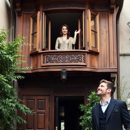 A woman waving from an old Ottoman wooden house with a distinctive bay window (cumba) design, adorned with intricate carvings and details typical of Ottoman architecture