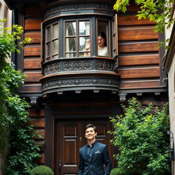 A woman waving from an old Ottoman wooden house with a distinctive bay window (cumba) design, adorned with intricate carvings and details typical of Ottoman architecture