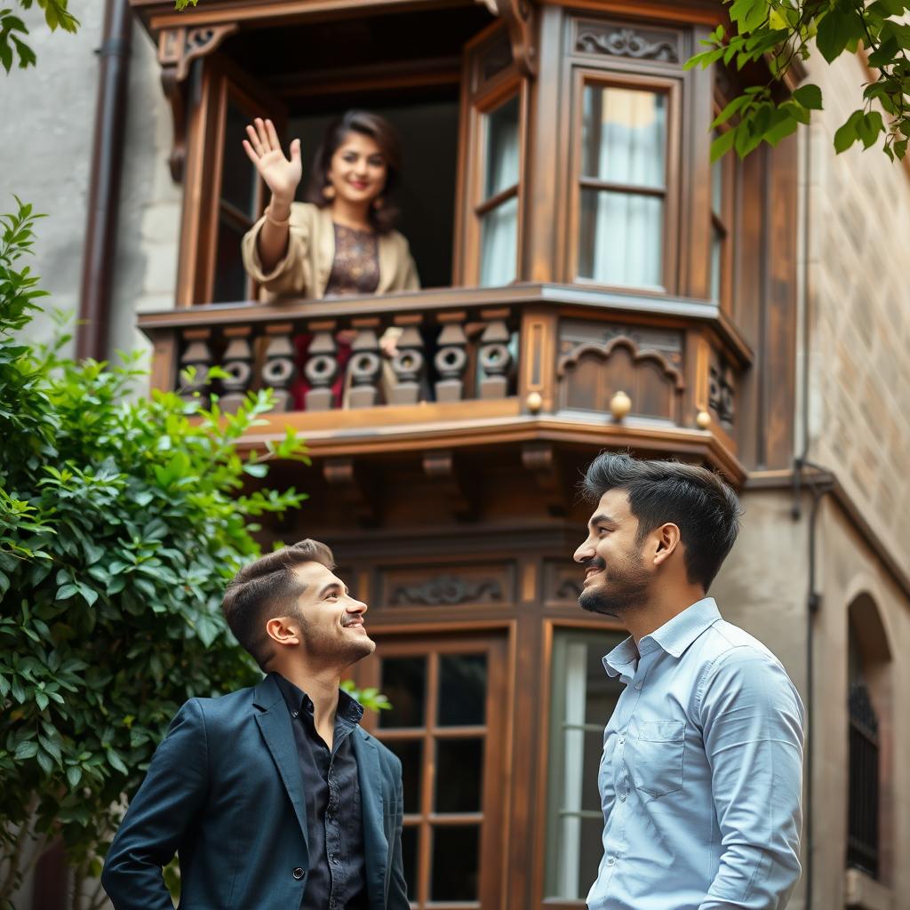 A woman waving from an old Ottoman wooden house with a distinctive bay window (cumba) design, adorned with intricate carvings and details typical of Ottoman architecture